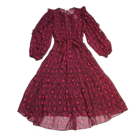 NWT Ulla Johnson Aliya in Fuchsia Diamond Print Silk Chiffon Dress 6 $665 - Picture 4 of 9